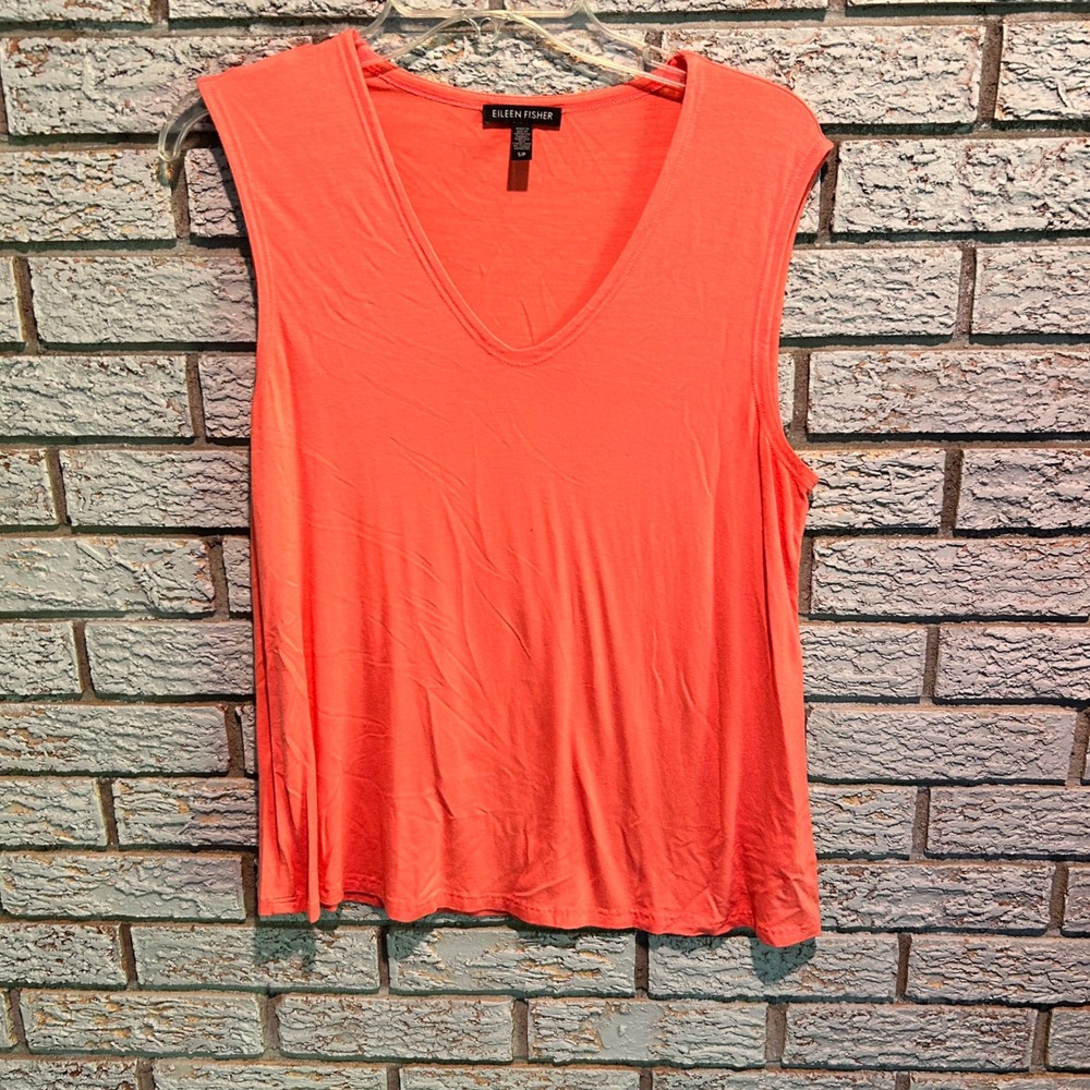 Eileen Fisher Coral Orange V-Neck Sleeveless Tank Top Small S/P Jersey Knit
